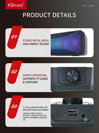 KTS 1968 Dual Speaker RGB Sound Bar Supports Bluetooth,TF Card,USB,AUX 1800mah Lithium-ion Battery