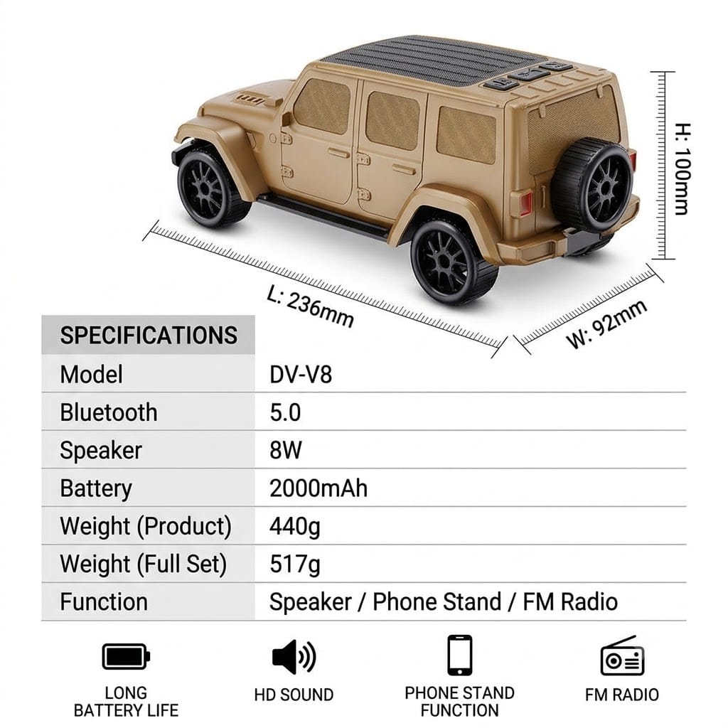Jeep Shape Rugged Off-Road SUV Portable Wireless Speaker –